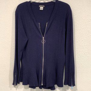 Venus Full Zip Ribbed Cardigan Sweater HiLo Navy Blue Long Slvs EUC Plus Size 1X